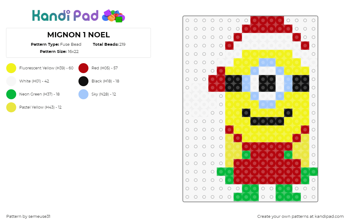 MIGNON 1 NOEL - Fuse Bead Pattern by semeuse31 on Kandi Pad - minion,despicable me,christmas,smile,cyclops,cute,festive,yellow,red