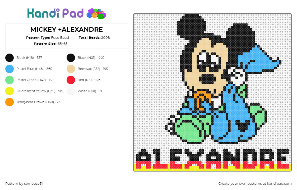 MICKEY +ALEXANDRE - Fuse Bead Pattern by semeuse31 on Kandi Pad - mickey mouse,baby,alexander,name,text,sign,cute,disney,light blue,black,green,red,tan