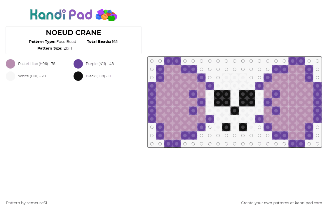 NOEUD CRANE - Fuse Bead Pattern by semeuse31 on Kandi Pad - bow,skull,spooky,cute,clothing,halloween,costume,white,purple