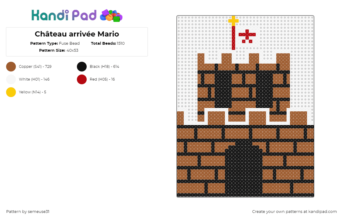 Château arrivée Mario - Fuse Bead Pattern by semeuse31 on Kandi Pad - castle,mario,level,nintendo,video game,brown,black