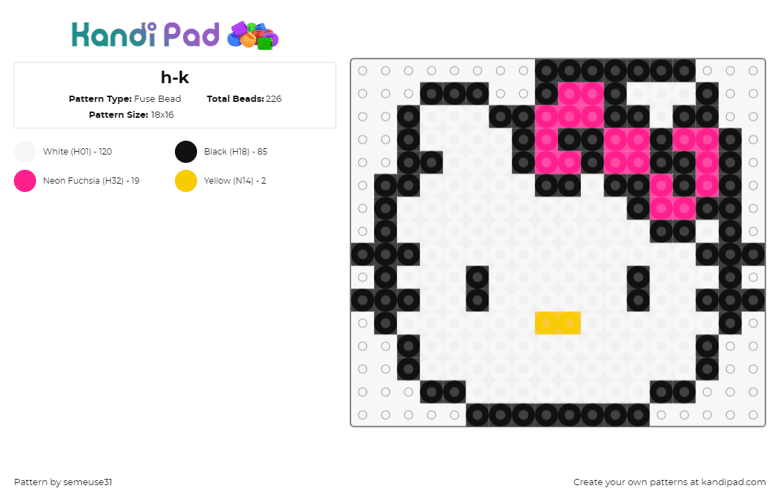 h-k - Fuse Bead Pattern by semeuse31 on Kandi Pad - hello kitty,sanrio,bow,kawaii,character,head,white,pink