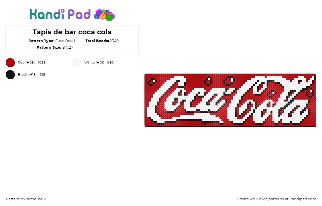 Tapis de bar coca cola - Fuse Bead Pattern by semeuse31 on Kandi Pad - coca cola,logo,soda,pop,text,white,red