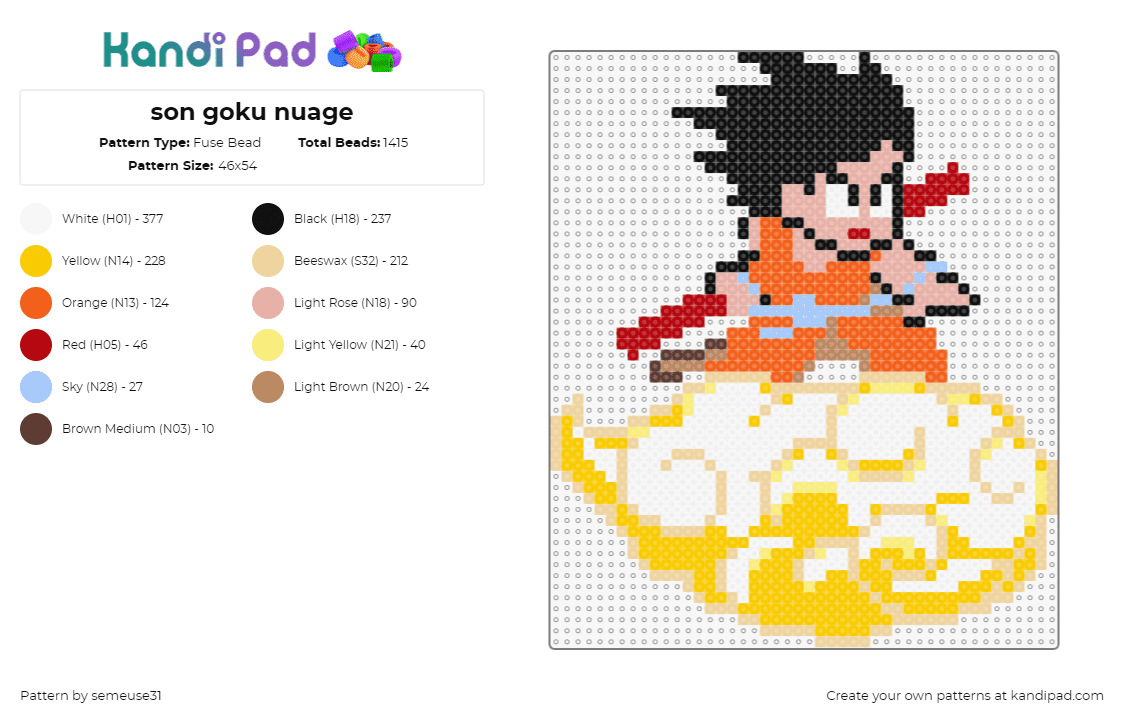 son goku nuage 1 - Fuse Bead Pattern by semeuse31 on Kandi Pad - goku,flying nimbus,dragon ball z,cloud,anime,character,tv show,white,yellow,orange