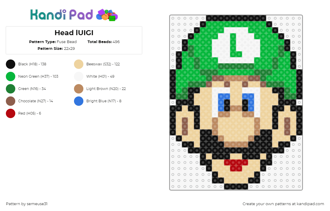 Head lUIGI - Fuse Bead Pattern by semeuse31 on Kandi Pad - luigi,mario,nintendo,head,character,video game,smile,mustache,tan,green