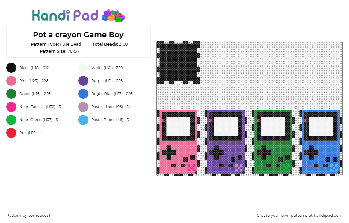 Pot a crayon Game Boy - Fuse Bead Pattern by semeuse31 on Kandi Pad - gameboy,nintendo,colorful,retro,nostalgia,3d,pink,purple,green,blue