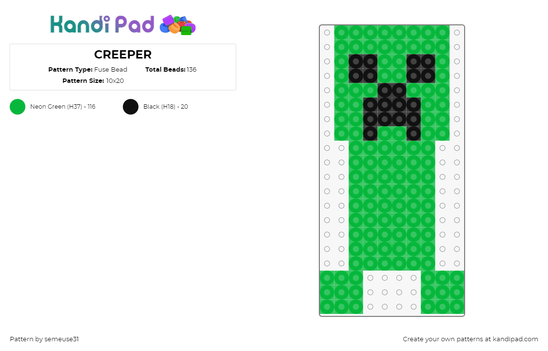 CREEPER - Fuse Bead Pattern by semeuse31 on Kandi Pad - creeper,minecraft,character,video game,green