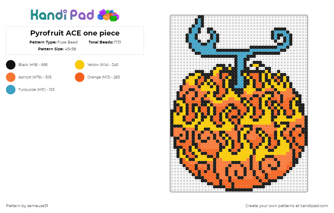 Pyrofruit ACE one piece - Fuse Bead Pattern by semeuse31 on Kandi Pad - pyrofruit,one piece,flames,fire,fiery,anime,tv show,orange,yellow,teal