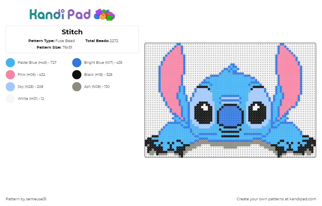 Stitch - Fuse Bead Pattern by semeuse31 on Kandi Pad - stitch,lilo and stitch,character,movie,disney,ears,alien,cartoon,blue,light blue,pink