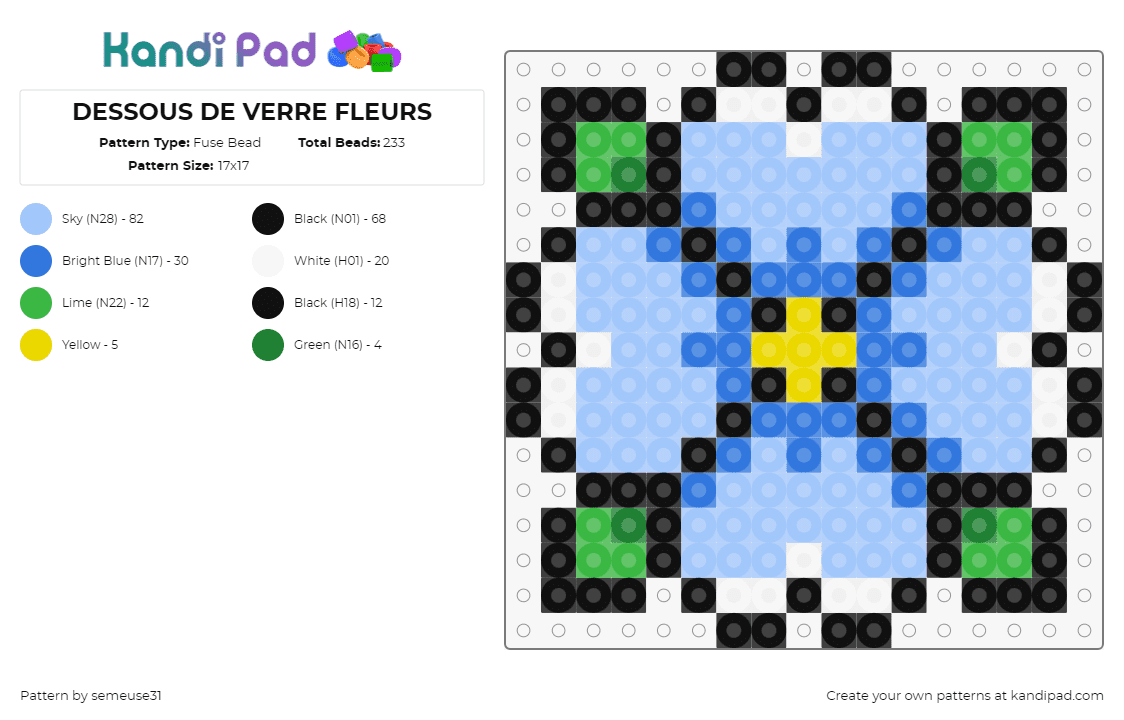DESSOUS DE VERRE FLEURS - Fuse Bead Pattern by semeuse31 on Kandi Pad - flower,bloom,petals,nature,light blue