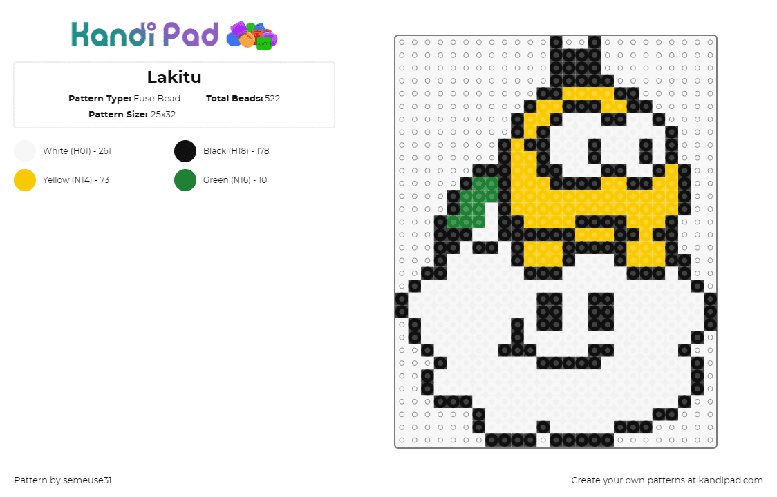 Lakitu - Fuse Bead Pattern by semeuse31 on Kandi Pad - lakitu,cloud,mario,character,video game,nintendo,yellow,white