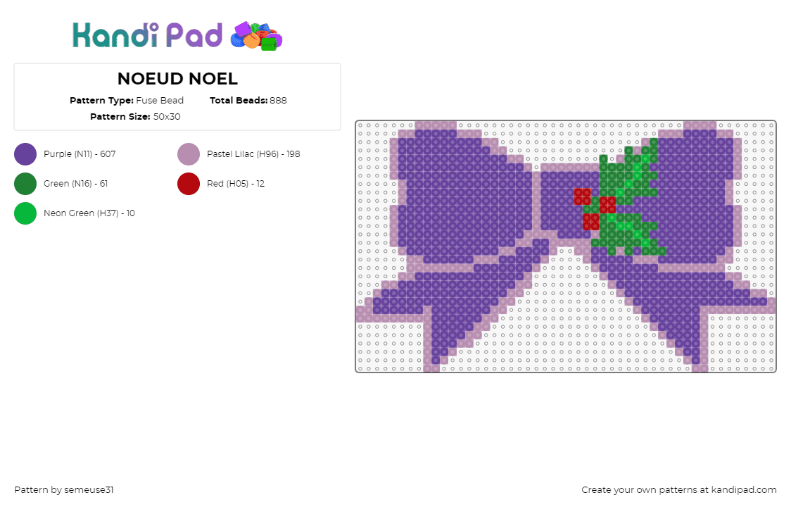 NOEUD NOEL - Fuse Bead Pattern by semeuse31 on Kandi Pad - bow,holly,mistletoe,christmas,festive,purple,green