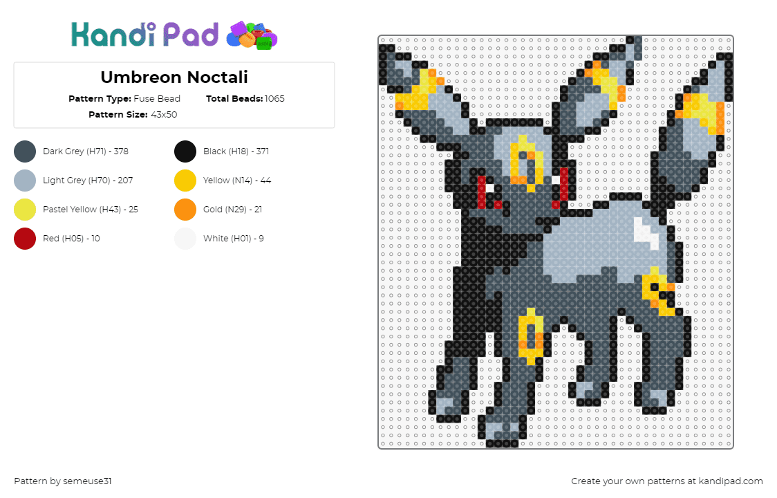 Umbreon Noctali - Fuse Bead Pattern by semeuse31 on Kandi Pad - umbreon,pokemon,character,evolution,eevee,gaming,gray,yellow