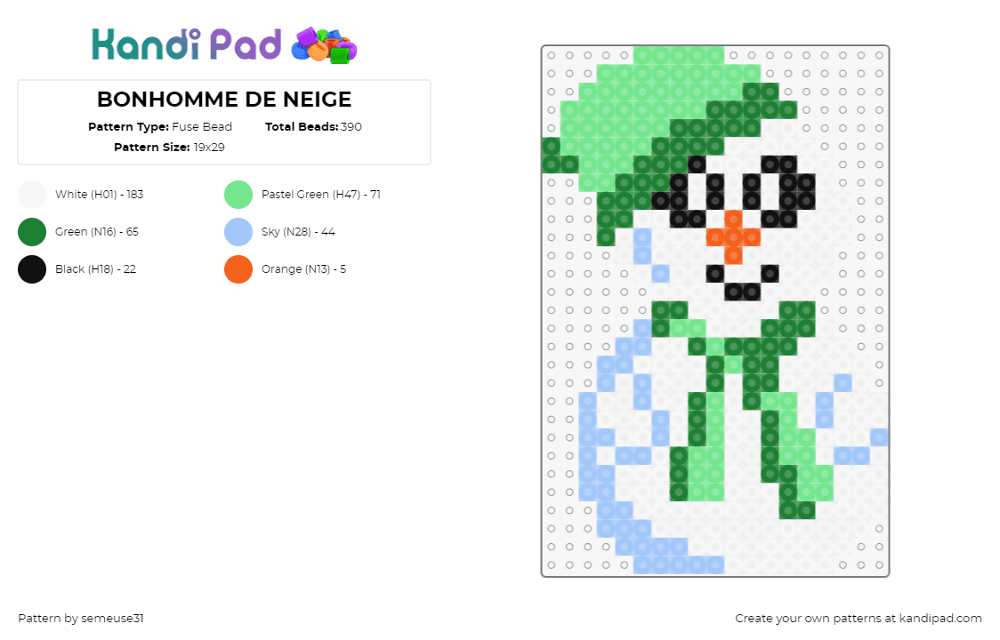 BONHOMME DE NEIGE - Fuse Bead Pattern by semeuse31 on Kandi Pad - snowman,winter,cute,hat,smile,frosty,christmas,festive,white,green