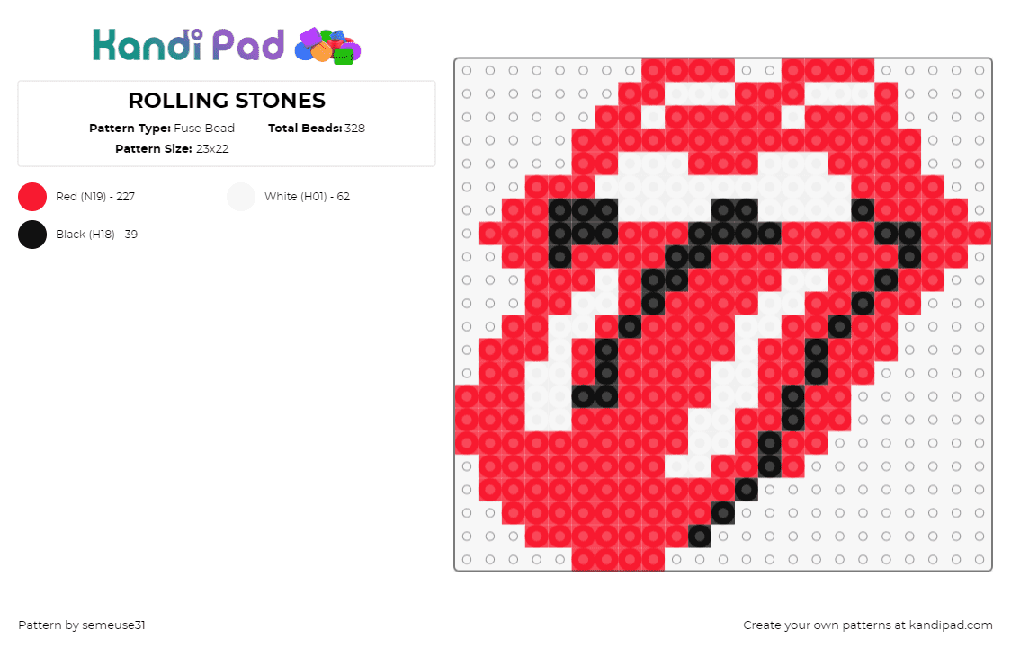 ROLLING STONES - Fuse Bead Pattern by semeuse31 on Kandi Pad - rolling stones,tongue,mouth,logo,band,music,red,white