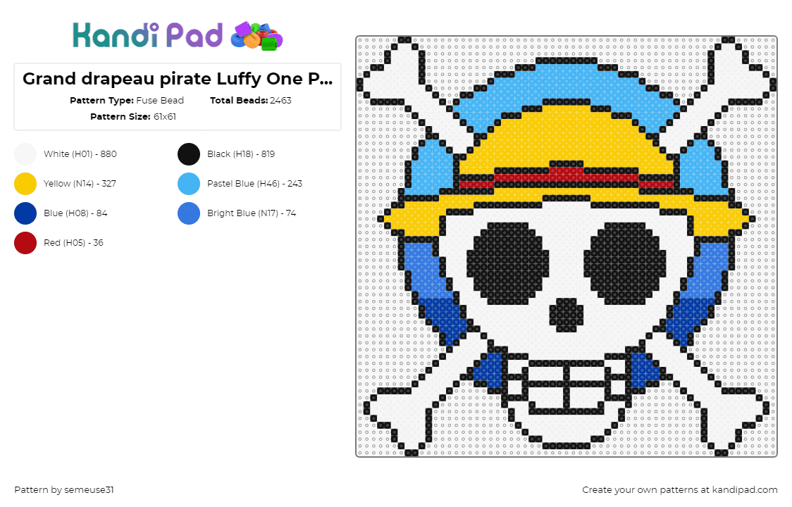 Grand drapeau pirate Luffy One Piece - Fuse Bead Pattern by semeuse31 on Kandi Pad - one piece,straw hat,pirates,jolly roger,skull,anime,tv show,yellow,red,white,blue