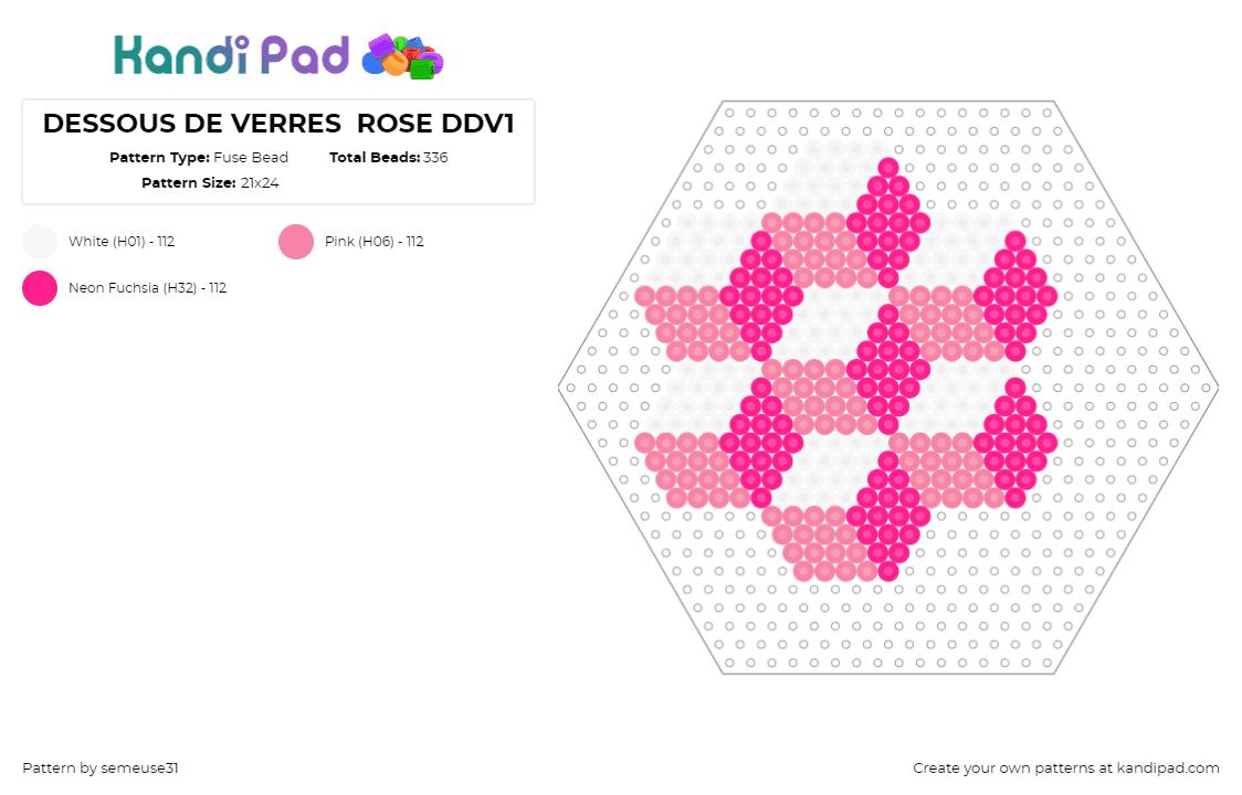 DESSOUS DE VERRES  ROSE DDV1 - Fuse Bead Pattern by semeuse31 on Kandi Pad - blocks,geometric,3d,hexagon,pink,white