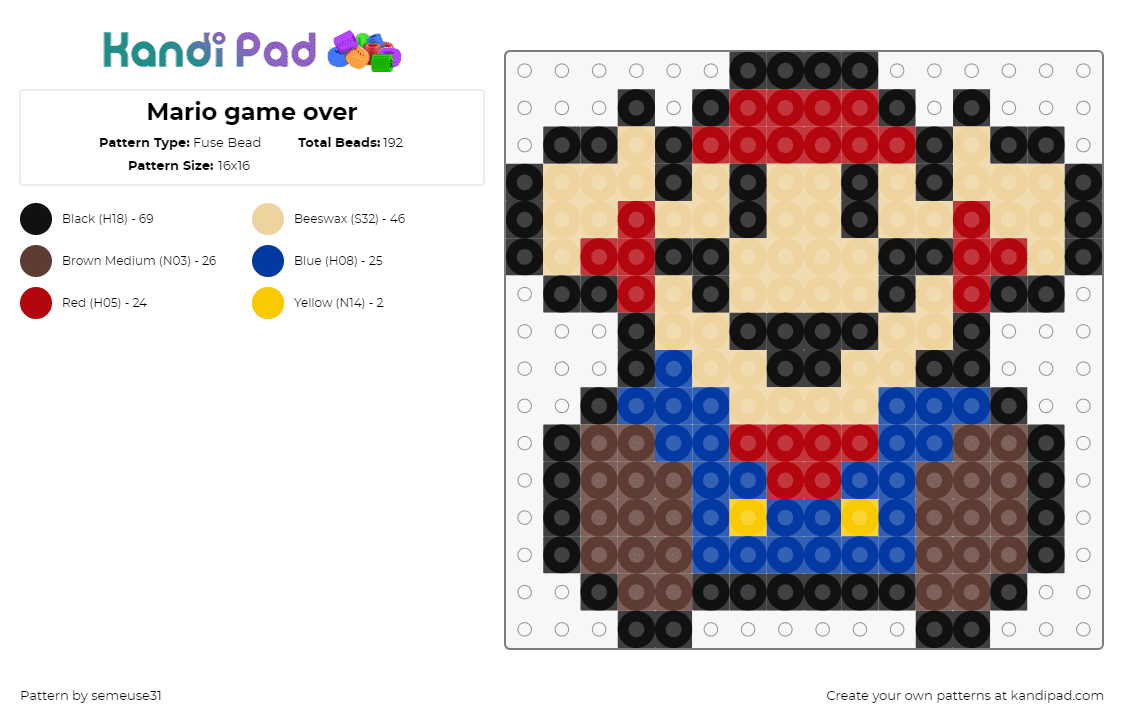 Mario game over 1 - Fuse Bead Pattern by semeuse31 on Kandi Pad - mario,game over,nintendo,character,video game,blue,red,tan,brown