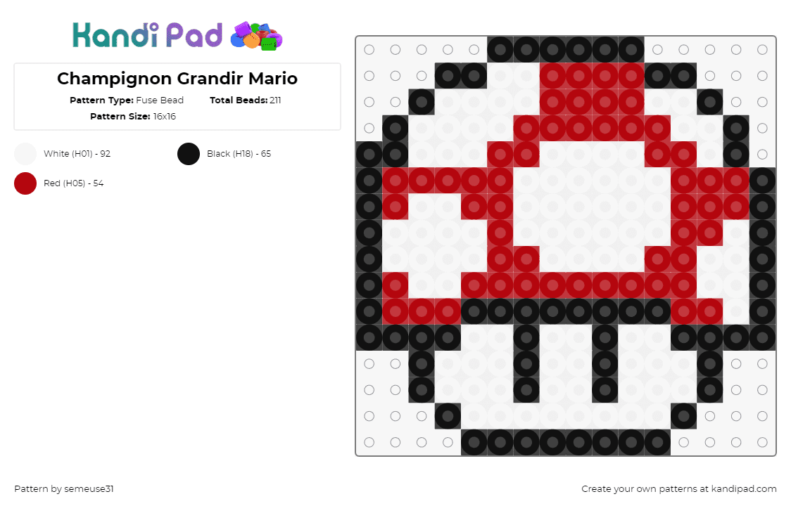 Champignon Grandir Mario - Fuse Bead Pattern by semeuse31 on Kandi Pad - mushroom,mario,nintendo,video game,red,white