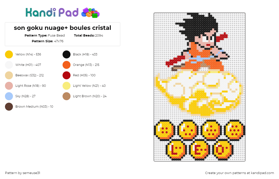 LEO son goku nuage+ boules cristal 2 - Fuse Bead Pattern by semeuse31 on Kandi Pad - goku,flying nimbus,dragon ball z,cloud,anime,character,tv show,white,yellow,orange