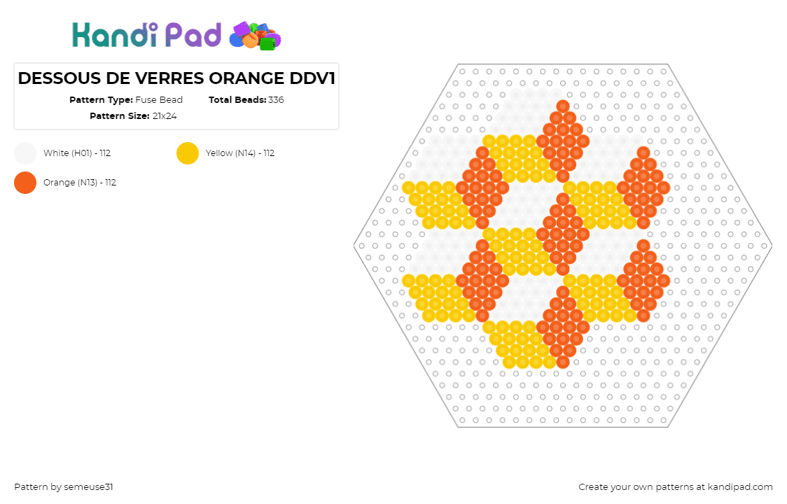 DESSOUS DE VERRES ORANGE DDV1 - Fuse Bead Pattern by semeuse31 on Kandi Pad - blocks,geometric,3d,hexagon,orange,yellow,white