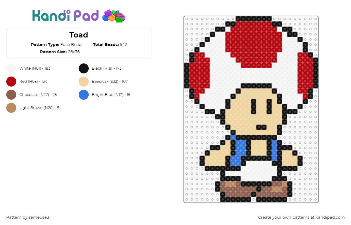 Toad - Fuse Bead Pattern by semeuse31 on Kandi Pad - toad,mario,nintendo,character,video game,white,red,beige