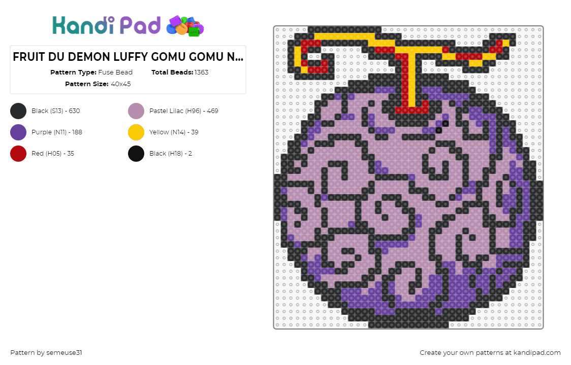 FRUIT DU DEMON LUFFY GOMU GOMU NO MI ONE PIECE - Fuse Bead Pattern by semeuse31 on Kandi Pad - gomu gomu no mi,devil fruit,luffy,one piece,anime,tv show,purple