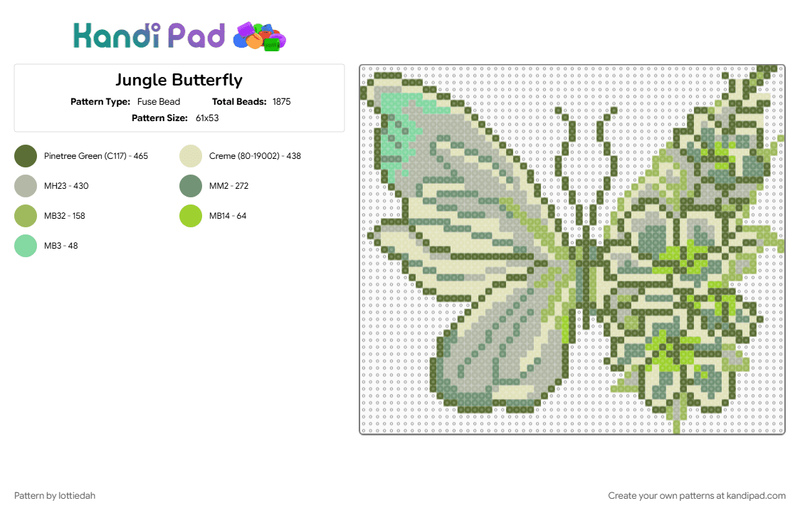 Jungle Butterfly - Fuse Bead Pattern by lottiedah on Kandi Pad - beige, butterfly, colorful, cotdjungles, floral, flower, gold, green, jungle, nature