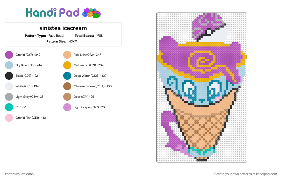 sinistea icecream - Fuse Bead Pattern by lottiedah on Kandi Pad - beige, cotddessert, dessert, food, ice cream, light blue, pink, pokemon, sinistea, sweet