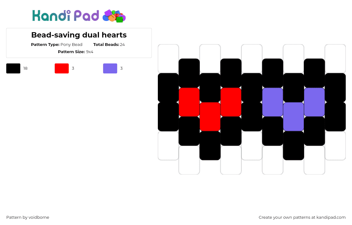 Bead-saving dual hearts - Pony Bead Pattern by voidborne on Kandi Pad - hearts,simple,love,red,purple,black