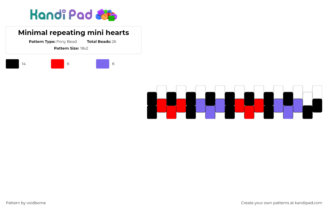 Minimal repeating mini hearts - Pony Bead Pattern by voidborne on Kandi Pad - hearts,repeating,simple,love,bracelet,cuff,red,purple