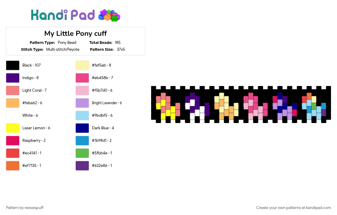 My Little Pony cuff - Pony Bead Pattern by reesespuff on Kandi Pad - applejack, black, colorful, flutter shy, my little pony, pink, pinkie pie, purple, rainbow dash, rarity, twilight sparkle