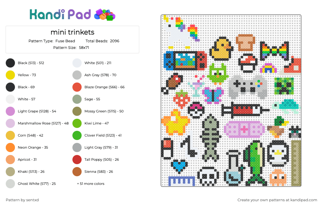 mini trinkets - Fuse Bead Pattern by sentxd on Kandi Pad - fish,bandaid,piano,bong,heart,star,pokeball,syringe,duck,penguin,pill,turtle,controller,butterfly,ruler,milkshake,pacman,creeper,mushroom,animal,food,light blue,yellow,pink,gray,colorful,cute,misc