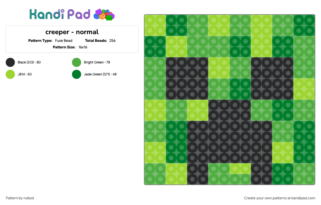 creeper - normal - Fuse Bead Pattern by nobxd on Kandi Pad - black, game, green, mc, minecraft