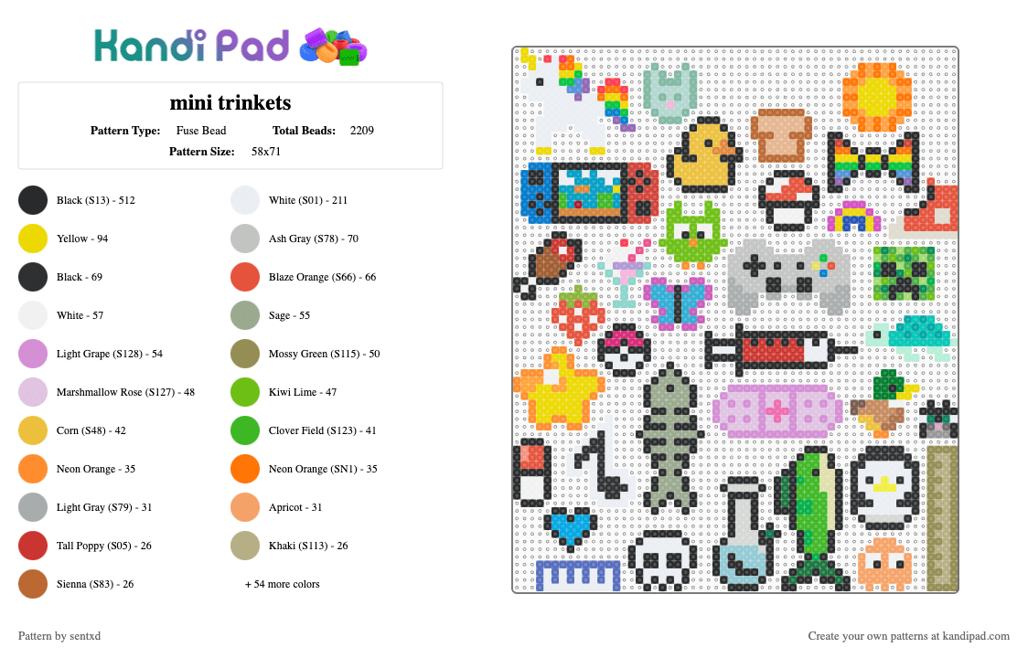 mini trinkets - Fuse Bead Pattern by sentxd on Kandi Pad - animal, bandaid, bong, butterfly, colorful, controller, creeper, cute, duck, fish, food, heart, light blue, milkshake, misc, mushroom, pacman, penguin, piano, pill, pink, pokeball, ruler, star, syringe, turtle, yellow