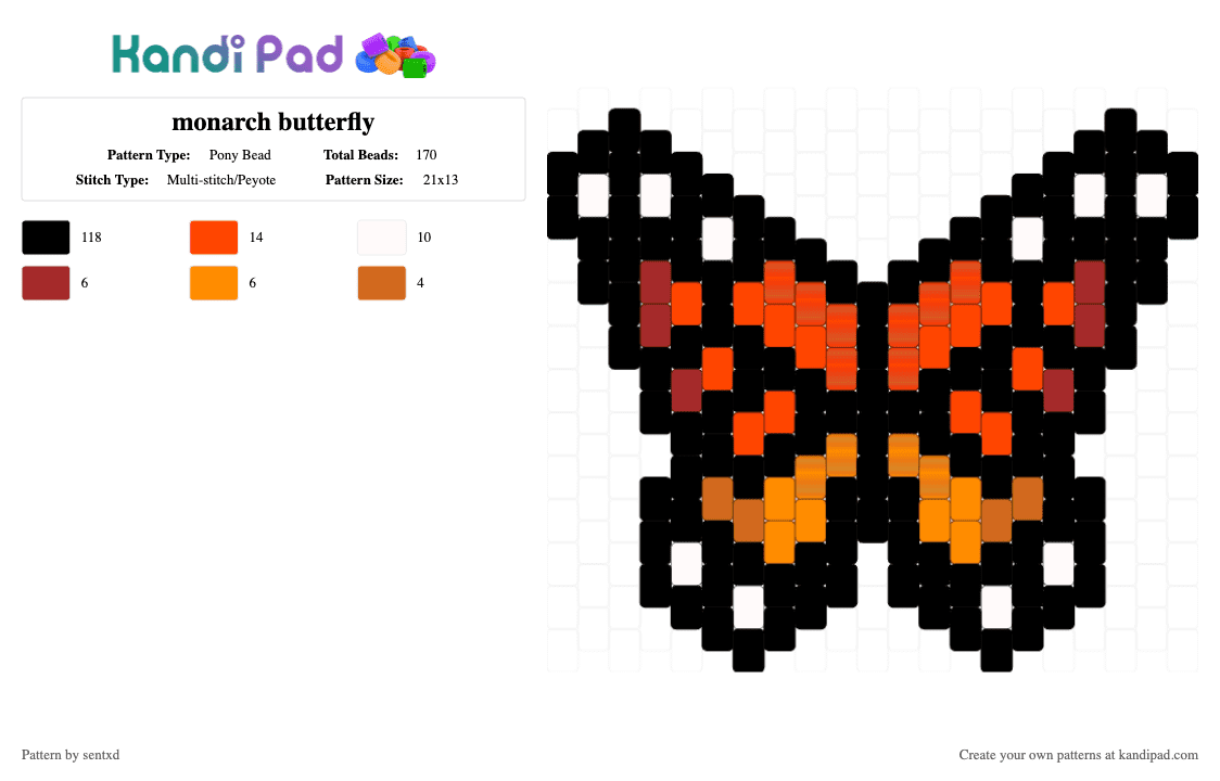 monarch butterfly - Pony Bead Pattern by sentxd on Kandi Pad - black,red,orange,animal,bug,insect,fly