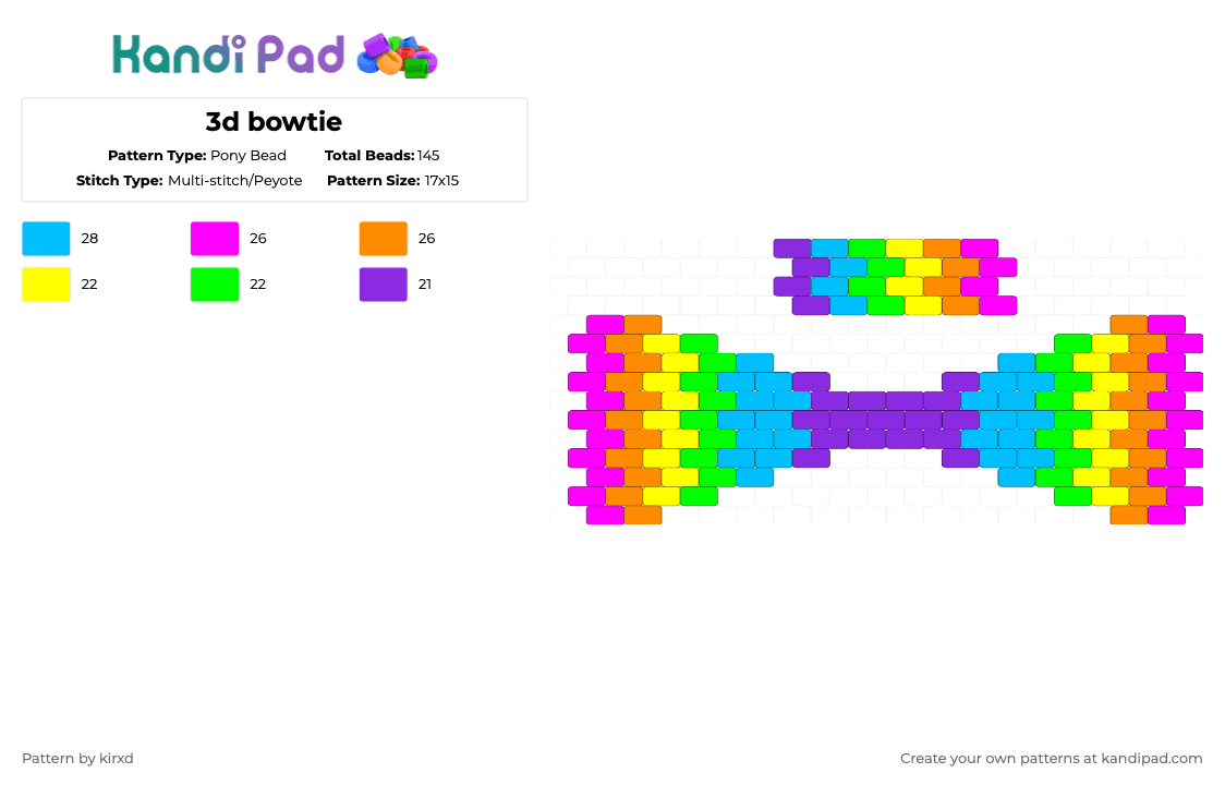 3d bowtie - Pony Bead Pattern by sentxd on Kandi Pad - pink,orange,light blue,rainbow,clothing,tie
