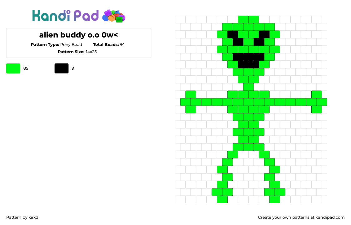 alien buddy o.o 0w< - Pony Bead Pattern by kirxd on Kandi Pad - alien,character,extraterrestrial,green