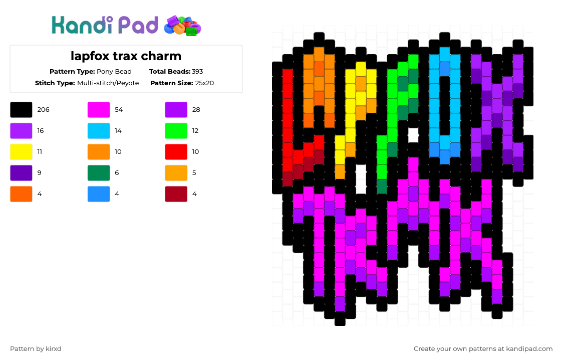 lapfox trax charm - Kandi Pad | Kandi Patterns, Fuse Bead Patterns