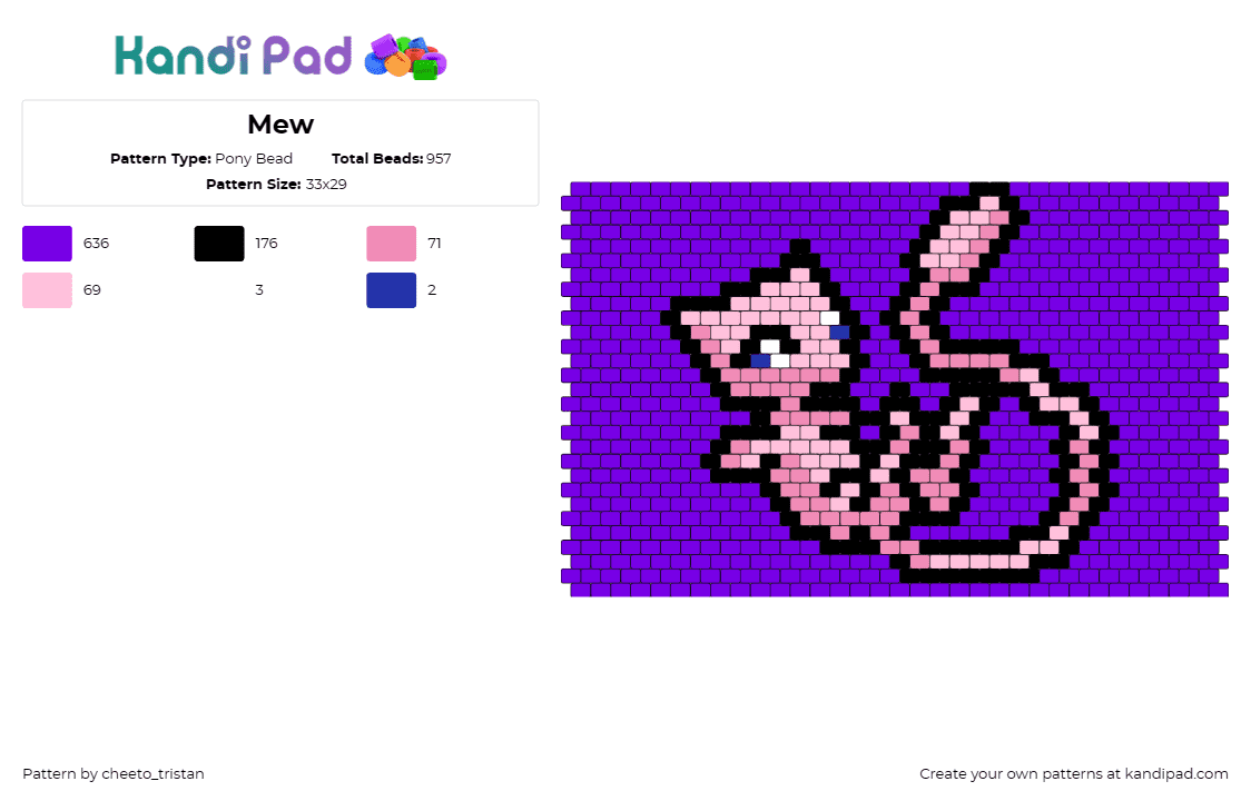 Mew - Pony Bead Pattern by cheeto_tristan on Kandi Pad - mew,pokemon,character,gaming,panel,pink,purple