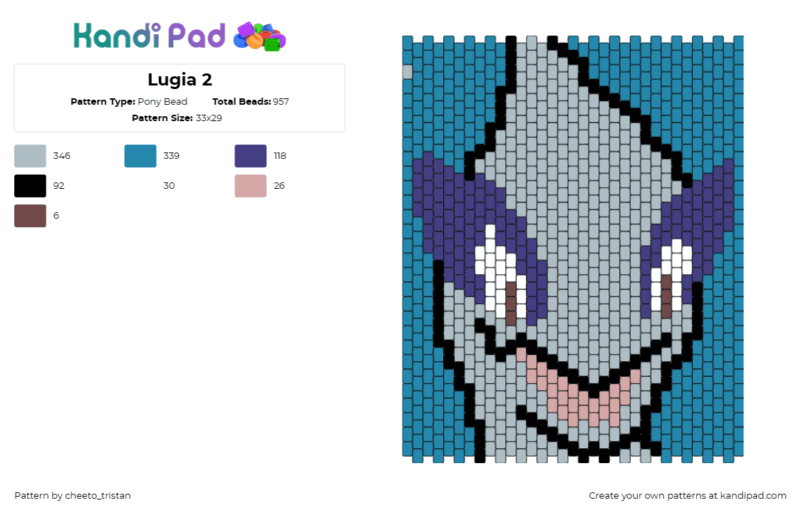 Lugia 2 - Pony Bead Pattern by cheeto_tristan on Kandi Pad - lugia,pokemon,portrait,panel,gaming,blue,teal