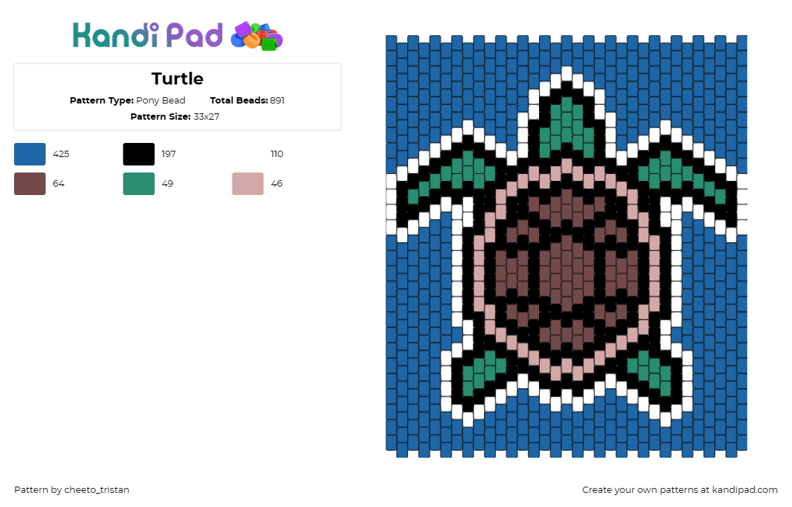 Turtle - Pony Bead Pattern by cheeto_tristan on Kandi Pad - turtle,sea,animal,panel,water,tropical,teal,green,blue,brown