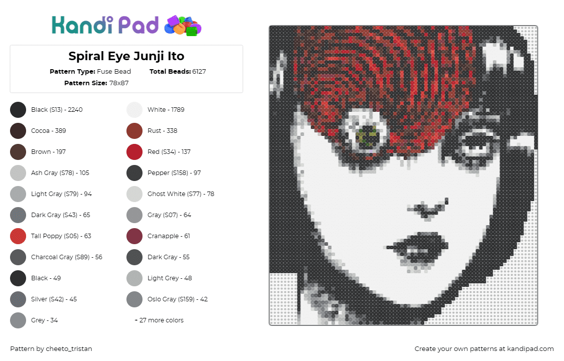 Spiral Eye Junji Ito - Fuse Bead Pattern by cheeto_tristan on Kandi Pad - uzumaki,junji ito,manga,horror,spiral,eye,striking,red,monochromatic