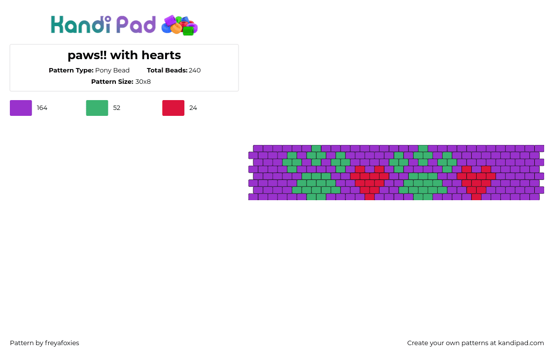 paws!! with hearts - Pony Bead Pattern by freyafoxies on Kandi Pad - paw prints,hearts,animal,cuff,love,purple