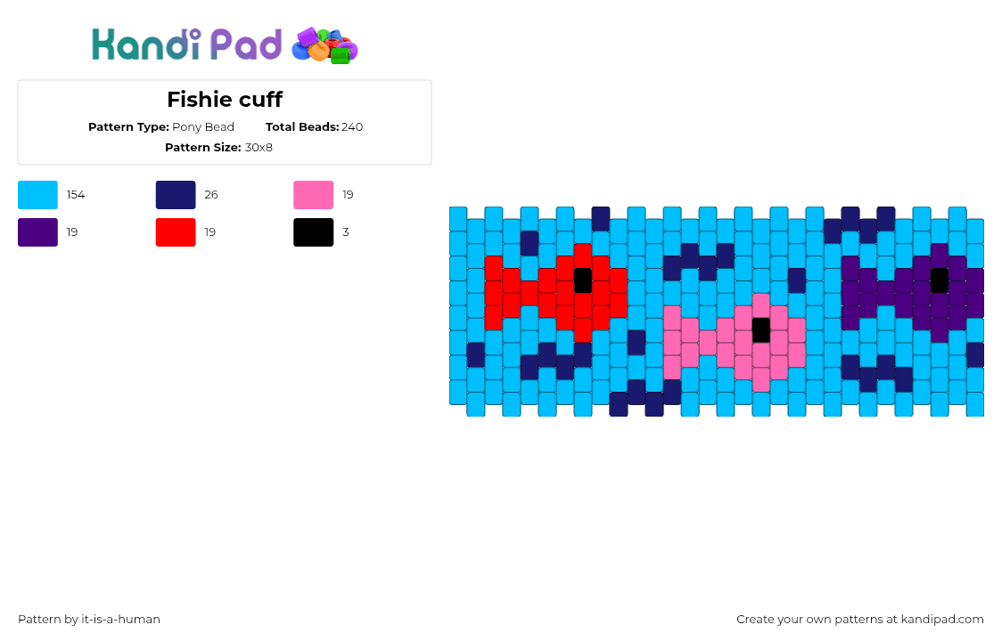 Fishie cuff - Pony Bead Pattern by it-is-a-human on Kandi Pad - fish,underwater,animal,cuff,blue,pink,red,purple