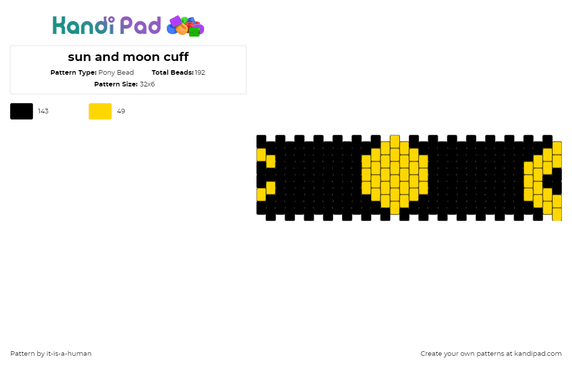 sun and moon cuff - Pony Bead Pattern by it-is-a-human on Kandi Pad - sun,eclipse,moon,cuff,night,dark,black,yellow