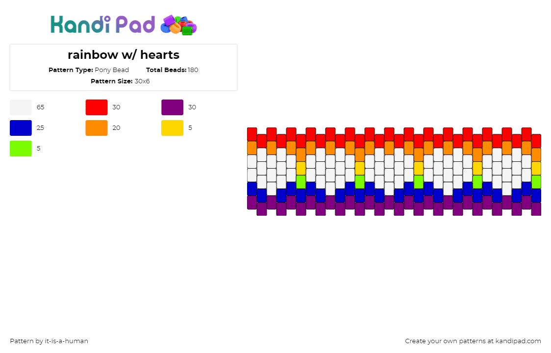 rainbow w/ hearts - Pony Bead Pattern by it-is-a-human on Kandi Pad - rainbow,hearts,cuff,love,repeating,white,red,purple