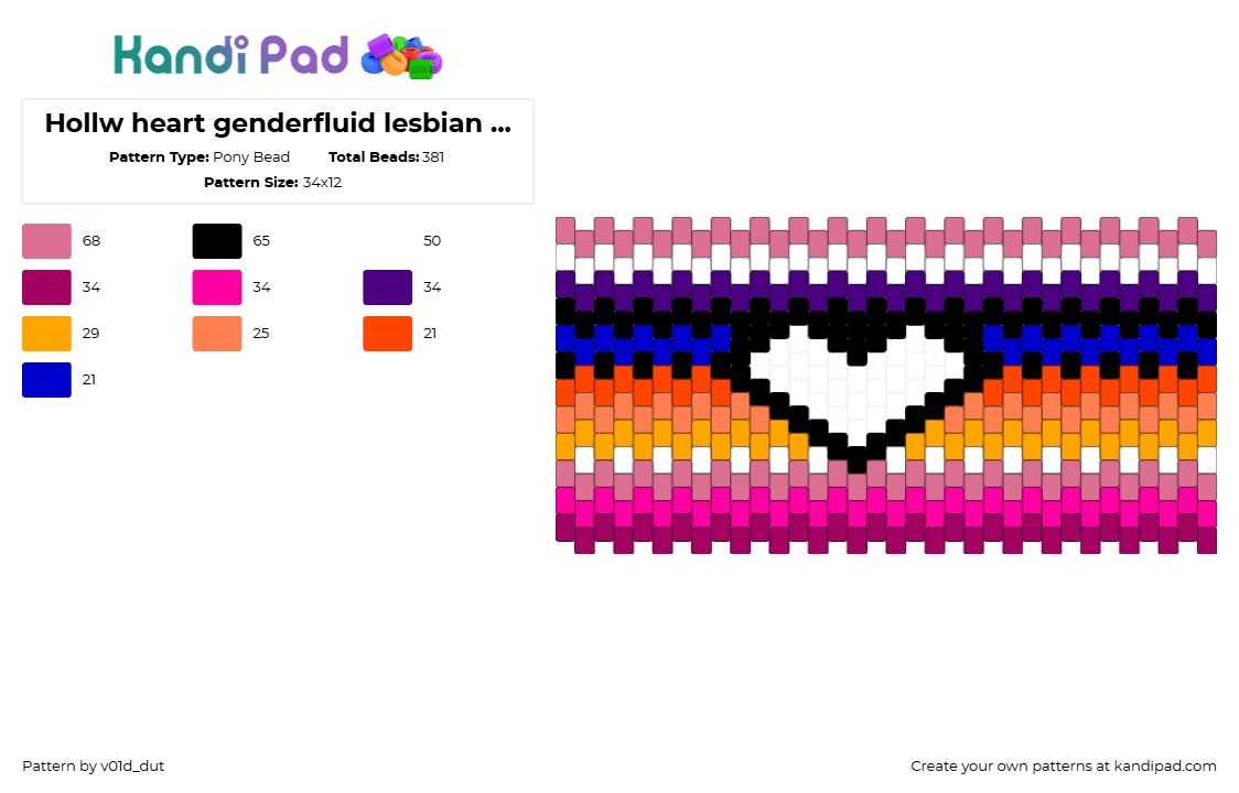 Hollw heart genderfluid lesbian cuff for ME - Pony Bead Pattern by v01d_dut on Kandi Pad - genderfluid,lesbian,pride,heart,colorful,cuff,pink,orange