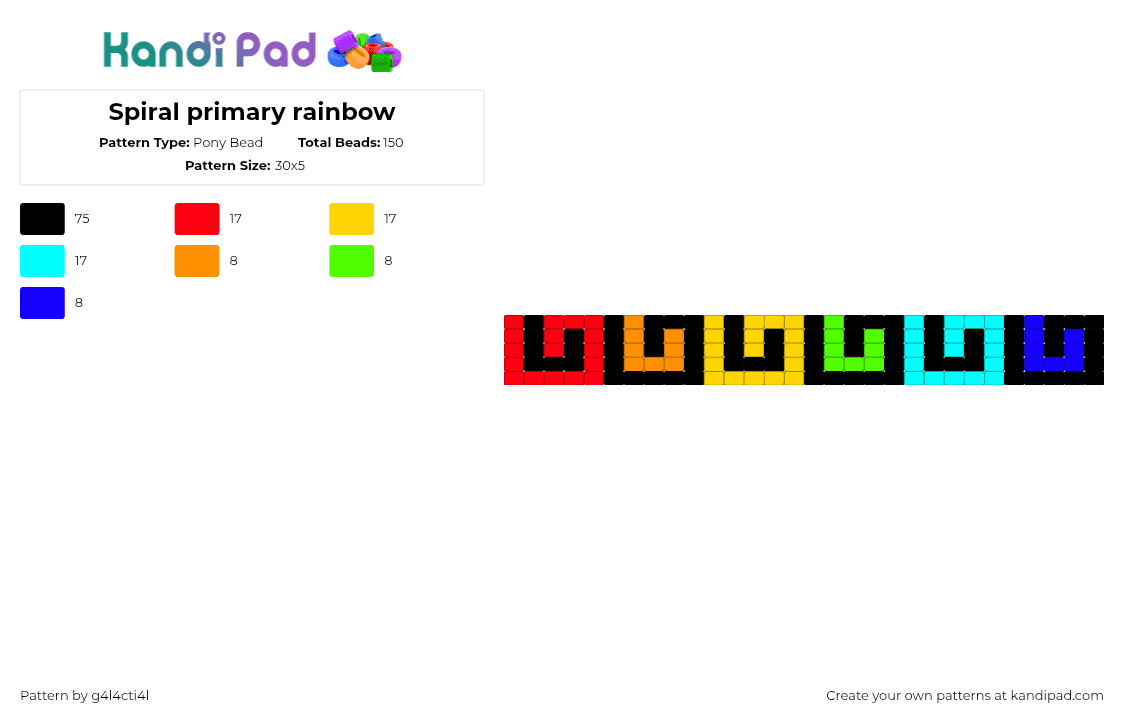 Spiral primary rainbow - Pony Bead Pattern by deleted_user_71482 on Kandi Pad - black,red,yellow,light blue,pink,neon,scene,scenecore