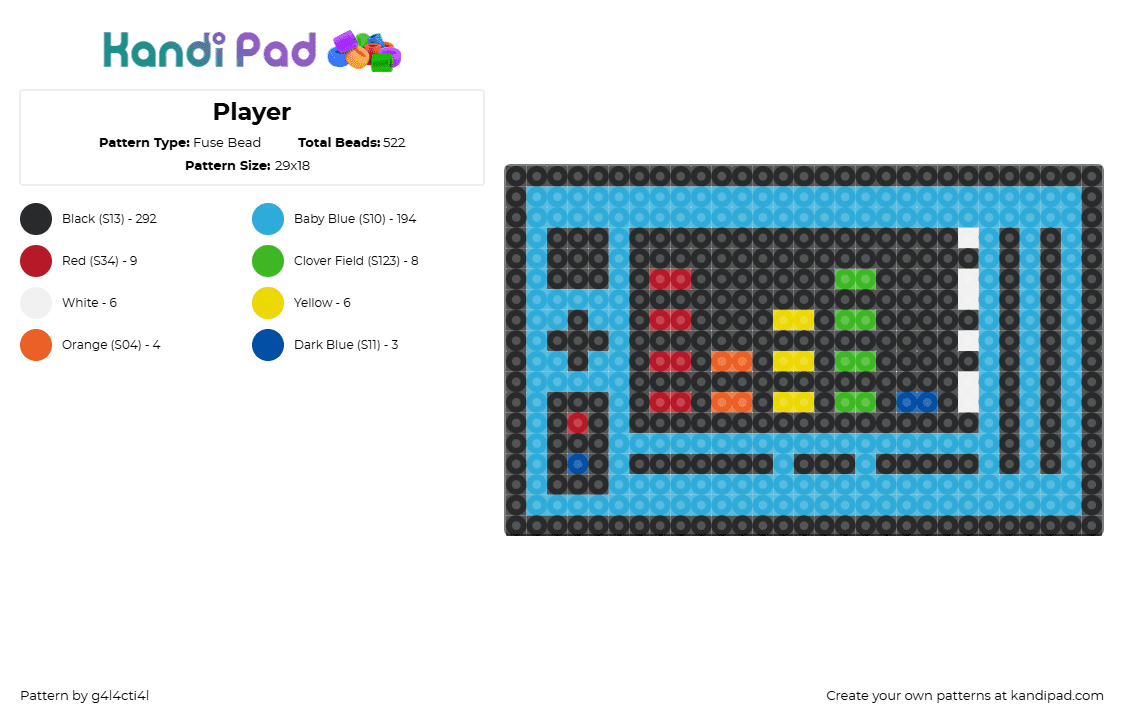 Player - Fuse Bead Pattern by deleted_user_71482 on Kandi Pad - black,light blue,blue,retro,music,music player