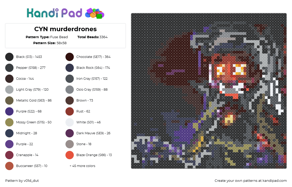 CYN murderdrones no conversion - Fuse Bead Pattern by v01d_dut on Kandi Pad - cyn,murder drones,portrait,panel,character,animation,dark,black,gray